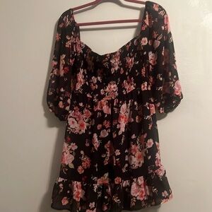 🌺Lily Rose Floral Split Back Black 3/4 Sleeve Mini Dress Women Size M BOHO